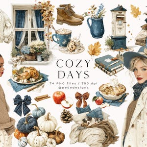 Puede incluir: Ilustración en acuarela con temática otoñal acogedora. Presenta calabazas, pollo asado, una mujer con sombrero y otros elementos de otoño. Se muestra el texto "COZY DAYS".