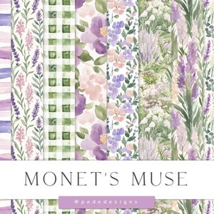 Papiers numériques Muse de Monet, papiers numériques violets, motif printanier, motif floral, rayures, sans couture, motif vichy, téléchargement