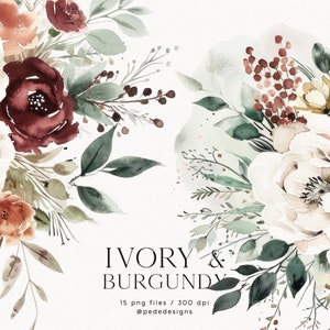 May include: Watercolor floral clipart featuring ivory and burgundy flowers, greenery, and berries. The set includes 15 PNG files at 300 dpi.  @pededesigns