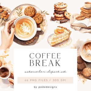 Clipart pause café aquarelle, clipart café, illustration de l'heure du café, graphiques de bonbons, cupcake, biscuits, tasse à café, livres, téléchargement