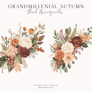 May include: Watercolor floral arrangements in autumnal colors. The bouquets feature cream, orange, and burgundy flowers with green and brown foliage. The text "GRANDMILLENNIAL AUTUMN Floral Arrangements" is at the top. The image also includes the text "10 PNG files / 300 dpi @pededesigns".