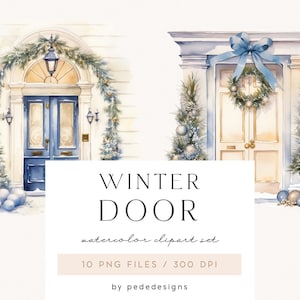 Puerta de invierno, imágenes prediseñadas de invierno de acuarela, gráficos png de la casa, decoraciones navideñas, árbol de Navidad, pino de acuarela, png de Navidad, descargar