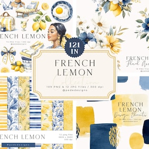 French Lemon Collection, aquarel clipart, mediterrane citroen png, naadloze zomerpatronen, mode, bloemen, blauw en geel, download