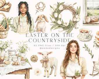 Easter Watercolor Clipart: Countryside Cottagecore Graphics | Spring PNG elements (Digital Download)
