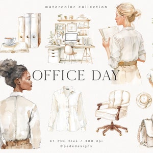 Office Day, collection d'aquarelles, clipart de mode aquarelle, patronne, fille d'affaires, fille de la mode, jour de bureau, au travail, travail, téléchargement