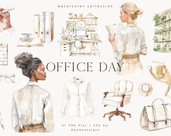 Watercolor Fashion Clipart: Lady Boss Office Day Collection (Digital Download)