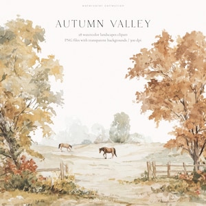 以下が含まれることがあります： AUTUMN VALLEYと題された水彩画の風景イラスト。オレンジと黄色の葉を持つ大きな木々に囲まれた野原に2頭の馬が描かれています。テキストは「watercolor collection, AUTUMN VALLEY, 28 watercolor landscapes clipart, PNG files with transparent backgrounds / 300 dpi」と記載されています。