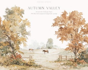 Autumn Landscape Watercolor Clipart Set | PNG Bundle with Rustic Countryside, Farmhouse, Autumn Valley Graphics ( Digital Download)
