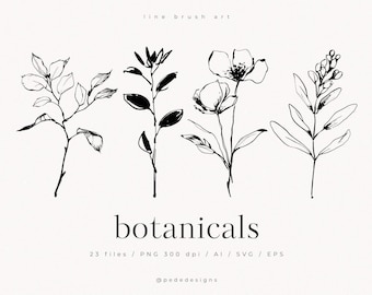 Line Brush Art, botanical collection, floral elements, svg files, vectors, floral clipart, wedding flowers, hand sketched flowers, download
