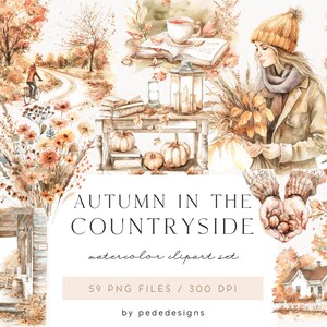 Herbst in der Landschaft, Clip Art Bundle, Aquarell Herbst Clipart, Herbst Cottagecore, Herbst Kürbis, Landhausküche, Wildblumen, download