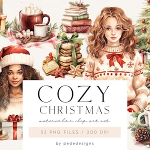Gezellige kerst clipart, aquarel gezellige winter, kerst clipart, mooi meisje clipart, warme chocolademelk, koekjes, geschenkverpakkingen, kersttijd, download