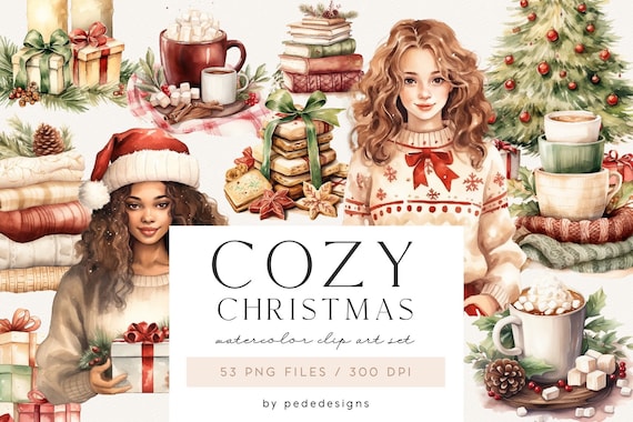 Cozy Christmas Clipart, watercolor cozy winter, xmas clipart, pretty girl clipart, hot cocoa, cookies, gift boxes, christmas time, download