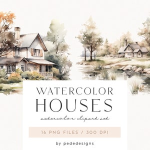 Aquarel huizen clipart, afbeeldingen voor thuis, gezellige huizen, huisje illustratie, landschap clipart, platteland, huisportret, download