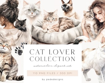 Katzenliebhaber Clipart, Aquarell Haustier Clipart, hübsches Mädchen Clipart, Katzenrassen, Aquarell Katzen, Tiere, Png Grafik, Haustier Bilder, Download