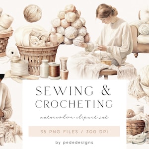 Costura y crochet, clipart de costura en acuarela, clipart de sillón, máquina de coser, logotipo de estudio de costura, tonos beige, álbum de recortes, descarga