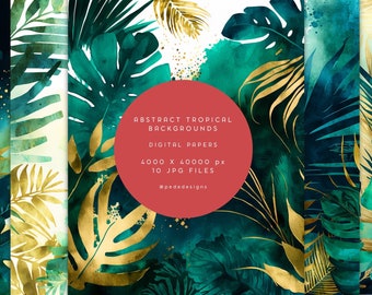 Abstract Tropical Backgrounds, digital paper pack, tropical leaves, watercolor, botanical background, palm leaf, invitation paper, download