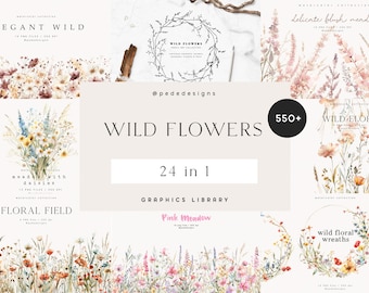 Wild Flowers Bundle, clipart library, watercolor illustrations, wild floral clipart, flowers graphics, summer, spring, border png, download