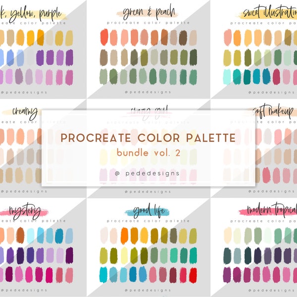 Bundle - 50 Procreate Color Palette, Farbmuster, iPad Illustration, boho, grün, floral, tropisch, Schriftzug, procreate art, download