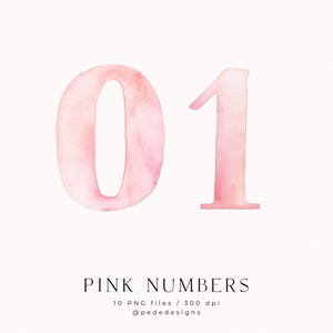 Watercolor Pink Numbers Clipart – Hand Painted Number Set 0-9 | Soft Blush Typography | Baby Birthday 10 PNG image 2