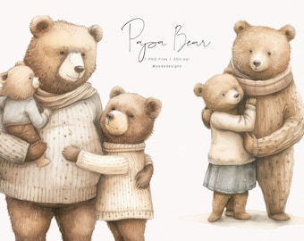 May include: Watercolor illustration of three brown bears, a Papa Bear with two cubs. The bears are wearing sweaters and scarves. The text "Papa Bear" is written in cursive. The image is a PNG file.