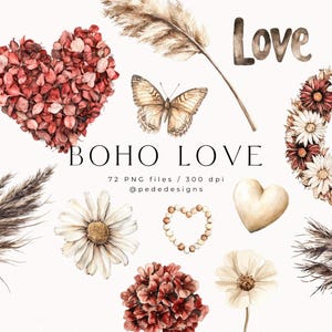 Boho Love, rustieke liefde clipart, hart frame, krans clipart, aquarel Valentijnsdag, aquarel liefde clipart, pampagras, download