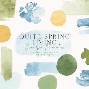 May include: Watercolor design elements in shades of blue, green, and yellow. The image includes brush strokes, circles, and abstract shapes. Text reads "Quite Spring Living Design Elements".