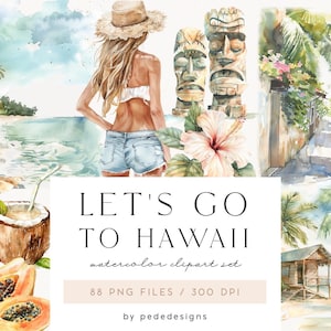 Andiamo alle Hawaii, clipart estive dell'acquerello, viaggi, scenari delle Hawaii, clipart tropicali, esotici, scrapbooking, estetica, download