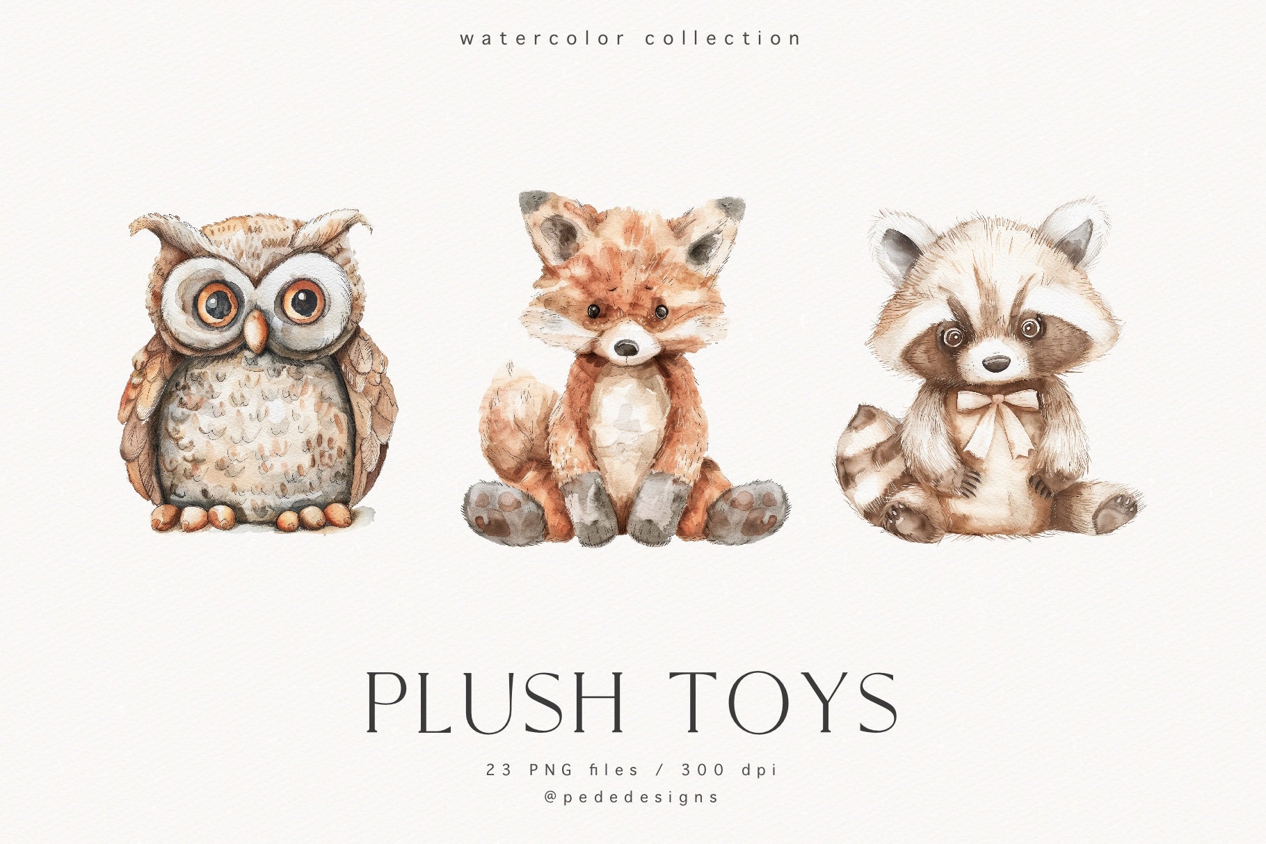 Watercolor Plush Animal Clipart Set: Nursery PNG Graphics (digital ...