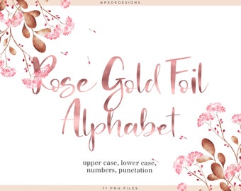 Rose Gold foil alphabet clipart, rose gold digital alphabet, lettering design, rose gold metallic numbers, download