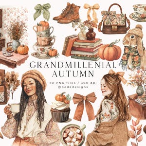 Puede incluir: Ilustración en acuarela con temática otoñal. Presenta calabazas, tazas de té, un conejo, un pavo, una mujer y otros elementos con temática otoñal. Se muestra el texto "GRANDMILLENNIAL AUTUMN".