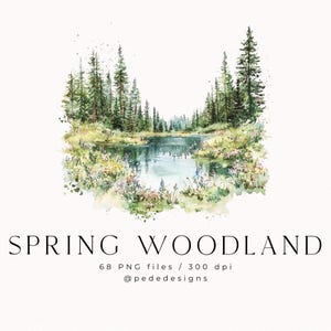 May include: Watercolor painting of a spring woodland scene with a lake, trees, and flowers. The painting is in shades of green, blue, and white.