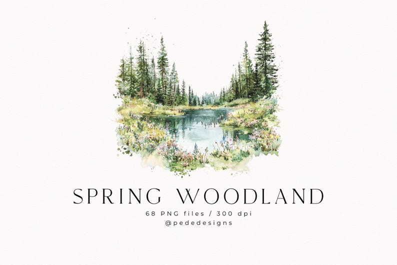 May include: Watercolor painting of a spring woodland scene with a lake, trees, and flowers. The painting is in shades of green, blue, and white.