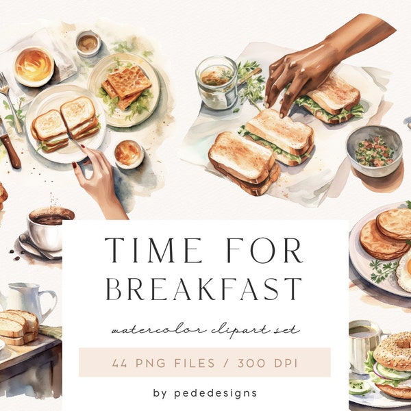 Time for Breakfast, fresh bread, sandwich, eggs,  food graphics, watercolor breakfast, scrapbook, planner stickers, food clipart, download