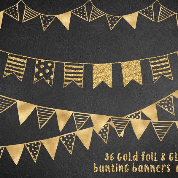 Gold foil & glitter bunting banners clipart, bunting clipart, sparkly bunting, golden foil bunting banner, download