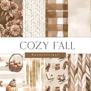 Könnte beinhalten: Ein Set mit 12 digitalen Papierdesigns mit gemütlichen Herbstmotiven. Die Papiere beinhalten Muster aus Strickstoff, Karo, Aquarell-Waschungen und Illustrationen von Herbstblättern, Kürbissen und einem Korb mit Kürbissen. Der Text "Cozy Fall" wird in der Mitte des Bildes angezeigt.