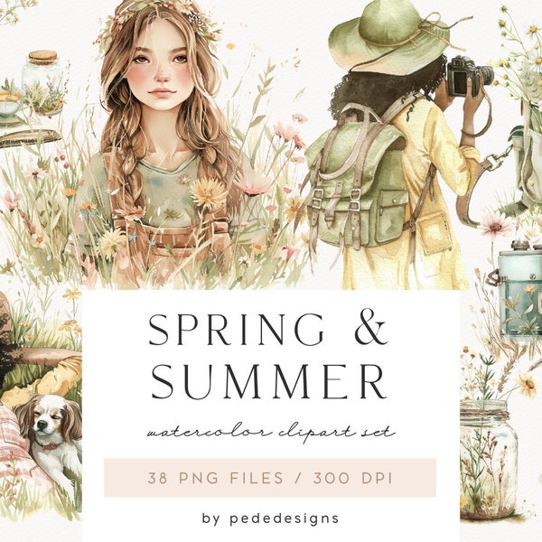 Frühling & Sommer Kollektion, Sommerzeit, Aquarell Mädchen png, Aquarell Aufkleber, Wandern Clipart, Wiese, Kamera, Download