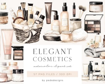 May include: A collection of watercolor illustrations featuring various cosmetic products including bottles, jars, makeup palettes, brushes, and a woven basket with a bow. The text reads ELEGANT COSMETICS watercolor clipart set 57 PNG FILES 300 DPI by pededesigns.