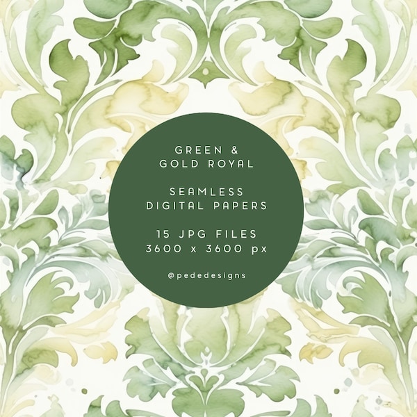 Green & gold royal digital paper pack, watercolor seamless papers, damask pattern, luxury pattern, elegant, wedding, spring, download