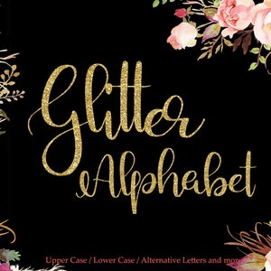 Clipart de alfabeto com brilho dourado, letras digitais douradas, alfabeto com brilho dourado, letras sofisticadas, swashes, download