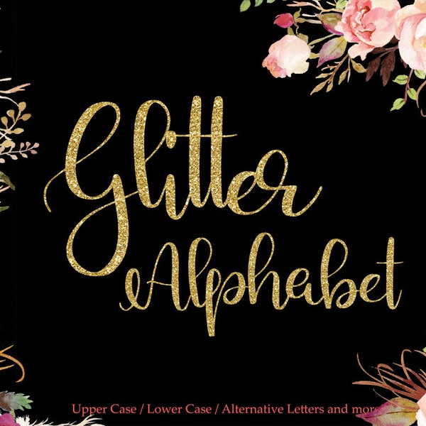 Paillettes d'or alphabet clipart, lettres numériques dorées, alphabet étincelant d'or, lettres fantaisie, swaches, téléchargement