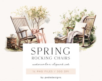 Spring Rocking Chairs, watercolor spring clipart, cozy spring, summer graphics, spring scenery, countryside, rustic clipart, download