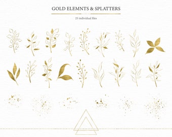 Geometrical Collection, gold leaves clip art, gold splatters, elegant leaf, golden botanical, gold elements, download