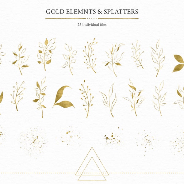 Collection géométrique, clipart de feuilles d'or, éclaboussures d'or, feuille élégante, botanique dorée, éléments d'or, téléchargement