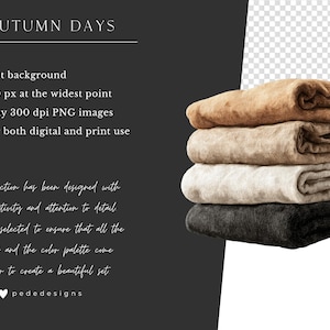 May include: A stack of four folded blankets in shades of tan, beige, off-white, and black. The blankets are neatly arranged, showcasing their soft texture. The image includes the text "AUTUMN DAYS".