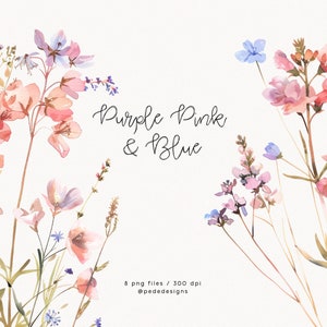 Púrpura rosa y azul, imágenes prediseñadas de pradera de acuarela, flores silvestres de acuarela, arreglos florales, pegatinas digitales, boda, flores rosas, descargar