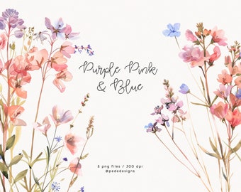 Purple Pink & blue, watercolor meadow clipart, watercolor wild floral, floral arrangement, digital stickers, wedding, pink flowers, download