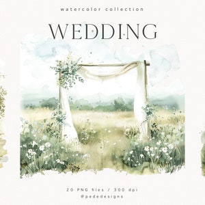 Ilustrações de casamento, clipart de casamento em aquarela, arco de casamento, convite de casamento, mandril png, cerimônia de casamento, local de casamento, baixar