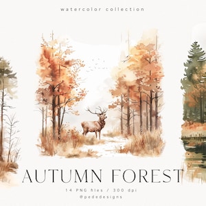 Conjunto de clipart de floresta de outono, paisagem em aquarela, cenário de outono em aquarela, clipart de outono, montanhas, lago, gráficos de outono, download