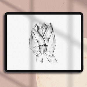 May include: A black and white pencil drawing of a person wearing a loose-fitting shirt and jeans. The drawing is on a white background.