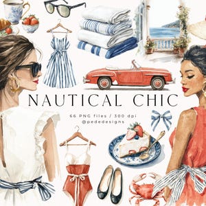Nautical Chic, aquarel nautische afbeeldingen, marine clipart, kustzomer, modestickers, aquarel zomerweergave, marine strepen, download